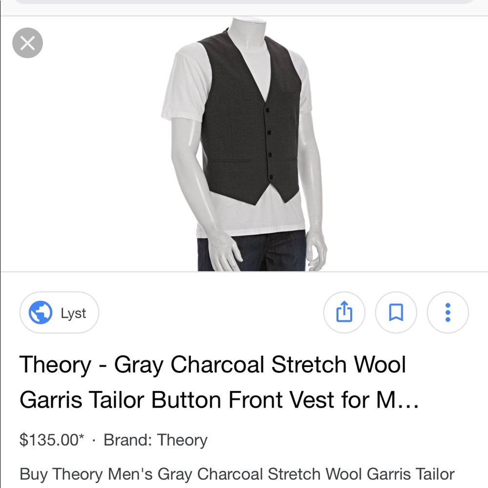 Theory Men's Charcoal Gray Wool Tailor Vest